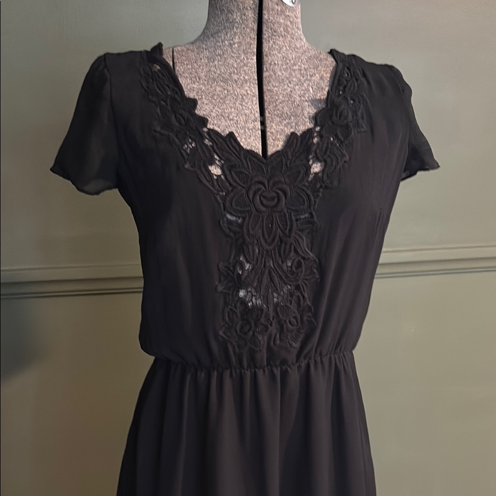 Timeless black maxi dress with lace front open back and cap sleeves
